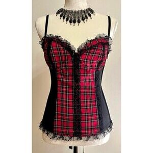 Y2K Vintage Lip Service Black Corset with Red Plaid and Lace Detail SZ Small